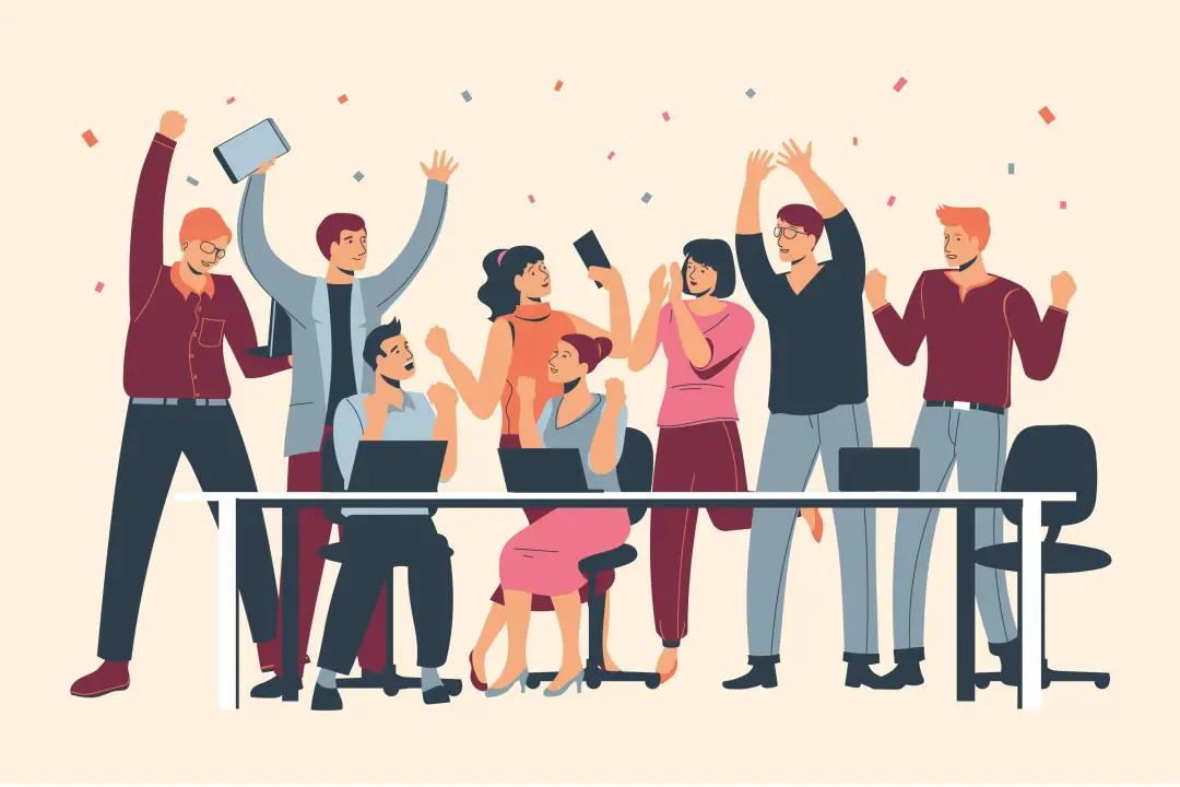 The illustration shows a group of cartoon-like people who appear to be celebrating motivated workers.