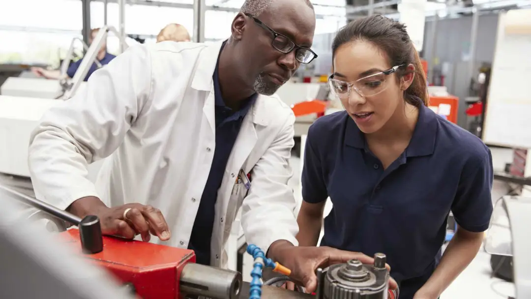 The image shows two persons in a laboratory environment; it appears that one person is a teacher and the other an apprentice at work.
