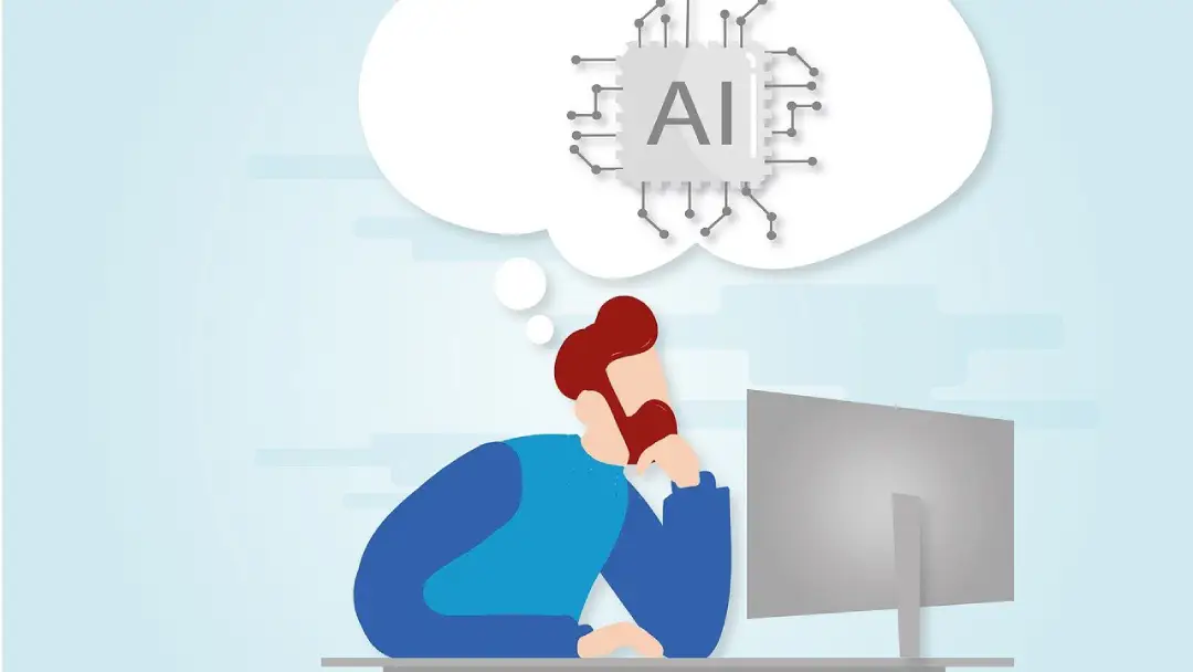 The illustration depicts a cartoon character staring at a desktop screen, with a thought cloud above its head containing the words "AI" and other concepts.