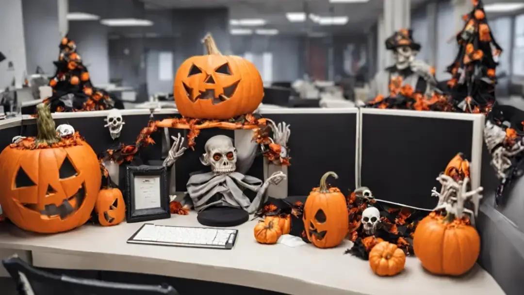 Image of an office desk environment depicting a halloween party.